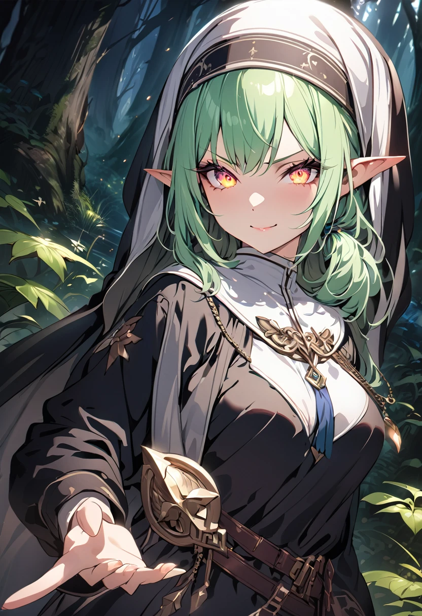 high quality, 4k, 8k, highres, HDR, UHD, masterpiece, ultra-detailed, a beautiful elf girl in a deep forest, extremely detailed face, light green hair,side ponytail,medium hair, furious expression, highly detailed, 8k, fantasy art, magical atmosphere, dark setting, demonic forest, glowing eyes, pointed ears, (nun costume), fantasy landscape,tsundere,Long eyelashes, Black eyeliner, Light gold eyeshadow,smile,