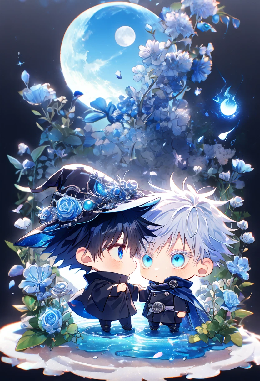 absurdres, highres, ultra detailed, HDR, master piece, Gojou Satoru chibi, white hair with bangs, white eyelashes, expressive blue eyes, Fushiguro Megumi chibi, black hair, expressive blue eyes, expressive blue eyes, Jujutsu Kaisen, magical hat, cute, best quality, blue moon, flowers, fantasy, magical, two boys together, yaoi, gay couple, water, blue shining fireflies, blue petals, cape,