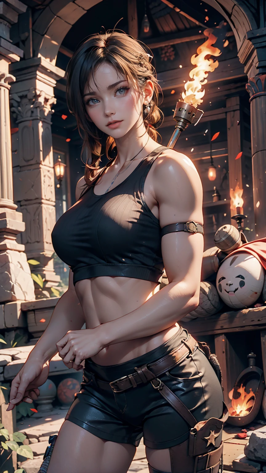 Tomb Radar、Lara Croft、ancient ruins、cave、dark、Hold up a lit torch to light the way ahead、pistol(Colt Government)Hold