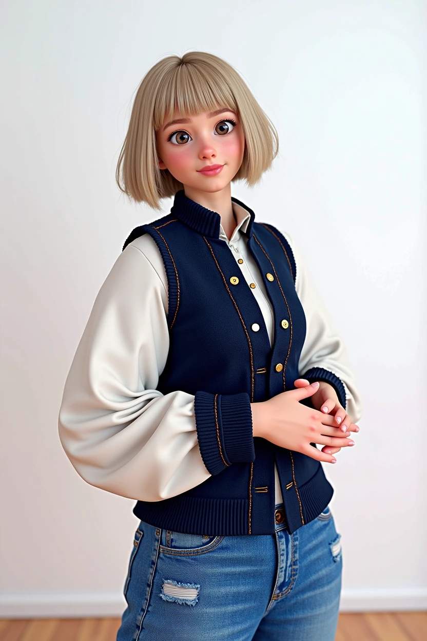 cartoon character, blonde bob hair with bangs, white sleeve shirt, with navy blue vest with buttons on both sides, animation character, stylized character, animation style rendering, 3d stylized, Arnold Maya rendering, Stylized 3D rendering, toon render screenshot, 3d character, 3d character, Stylized 3D rendering, 3D character rendering, cartoon character, Personagem de close up, character posing, (Pixar-style) (master part:1.2) (bokeh) (best qualityer) (skin detailed) (detailed texture) (8k) (Argilla) (cinematic lighting) (sharp focus