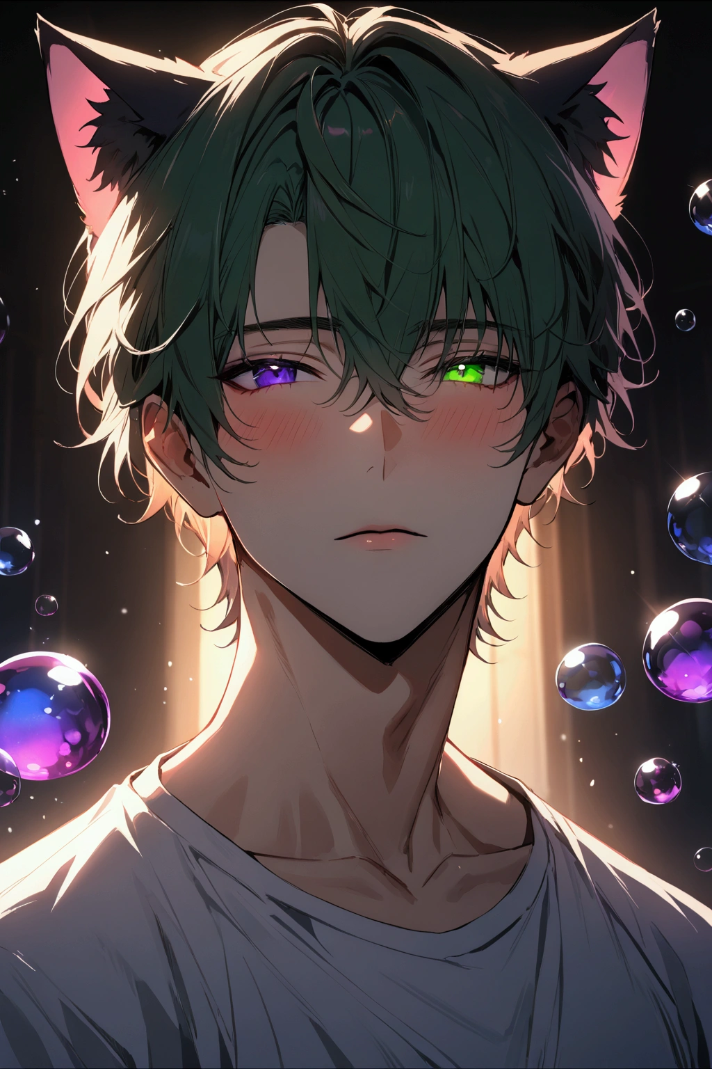 (masterpiece), (best quality), (ultra detailed) (1man), Fashion model, looking at viewer, (interview), (detailed background),beautiful detailed eyes, delicate beautiful face, Floating,(high saturation),(colorful splashes),colorful bubble,(shining), focus on face, floating flowers (shining), best lighting, best shadow, 1male solo, atmospheric, backlit,epic, handsome, seductive eyes with heterochromia left eye is bright purple right eye is bright green, perfect face, handsome man, wearing a white t-shirt casual, stern look, seductive eyes with heterochromia left eye is purple right eye is dark green, cat ears, eye, dark theme, magic sunlight, blush, atmospheric, backlit, epic, hdr, male focus