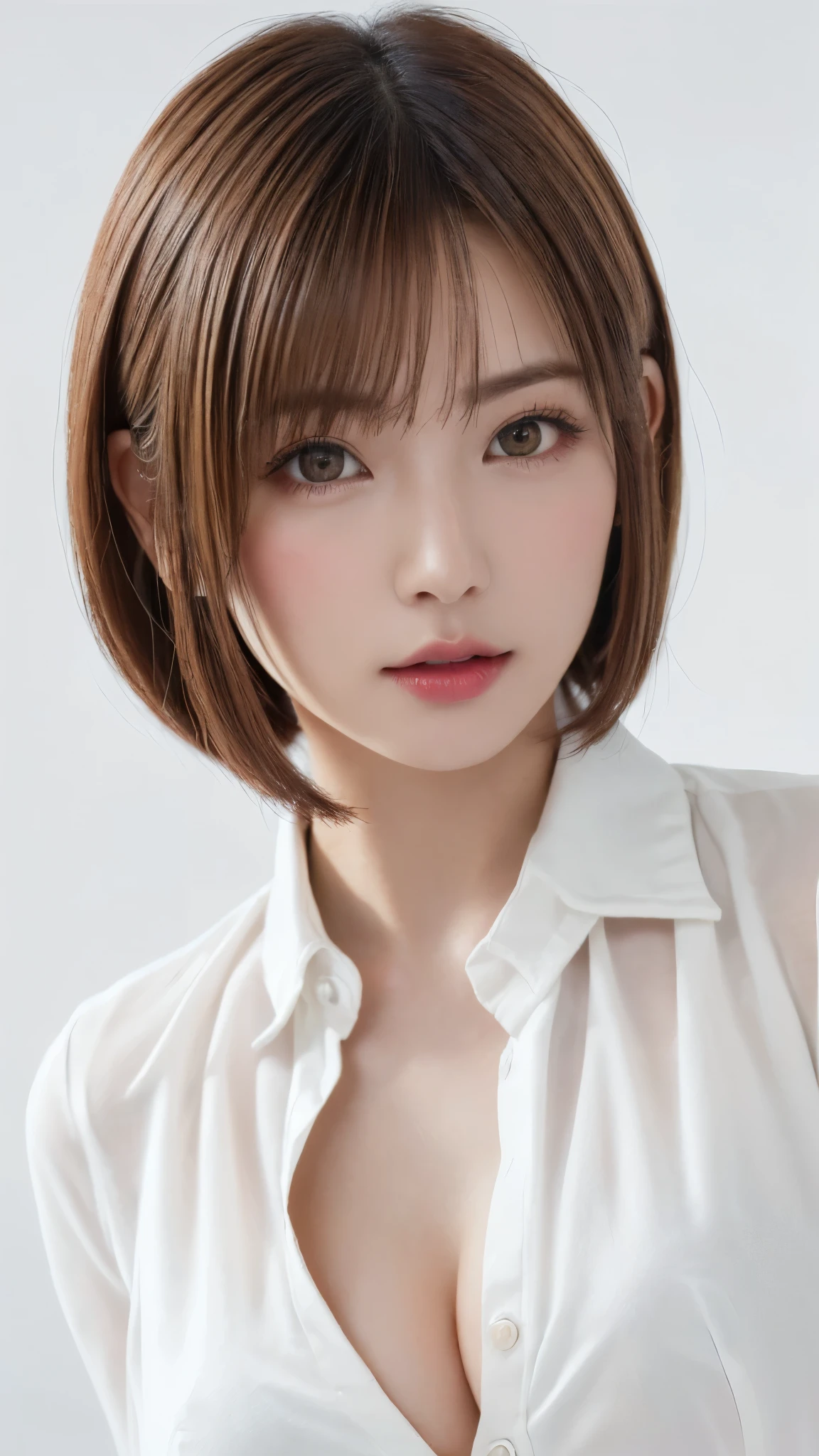 ((Close-up of face:1.6)、((naked and wearing a collared  shirt that doesn't fit:1.5))、((No underwear:1.5))、((Small, flat chest:1.7))、((small breasts like a girl:1.4))、((Short Bob Cut:1.4))、((Apply beautiful makeup:1.5))、(((amount、Small breasts、Round face、White blonde Hair、beautiful girl、blonde、White Background、cute、young、True Face、Shiny Hair、whole body)))、Tabletop, Highest quality, shape, Very detailed, finely, High resolution, 8k wallpaper, Perfect dynamic composition, finelyて美しい目, Deco Out,blonde, Medium Hair, Small breasts, Natural color lip,White Background, 