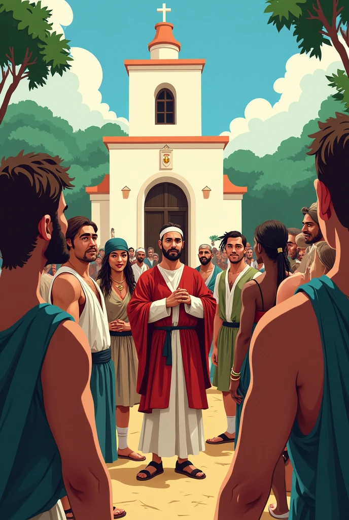 An illustration of the first mass held in Salvador, with people dressed in period costume, in meme form
