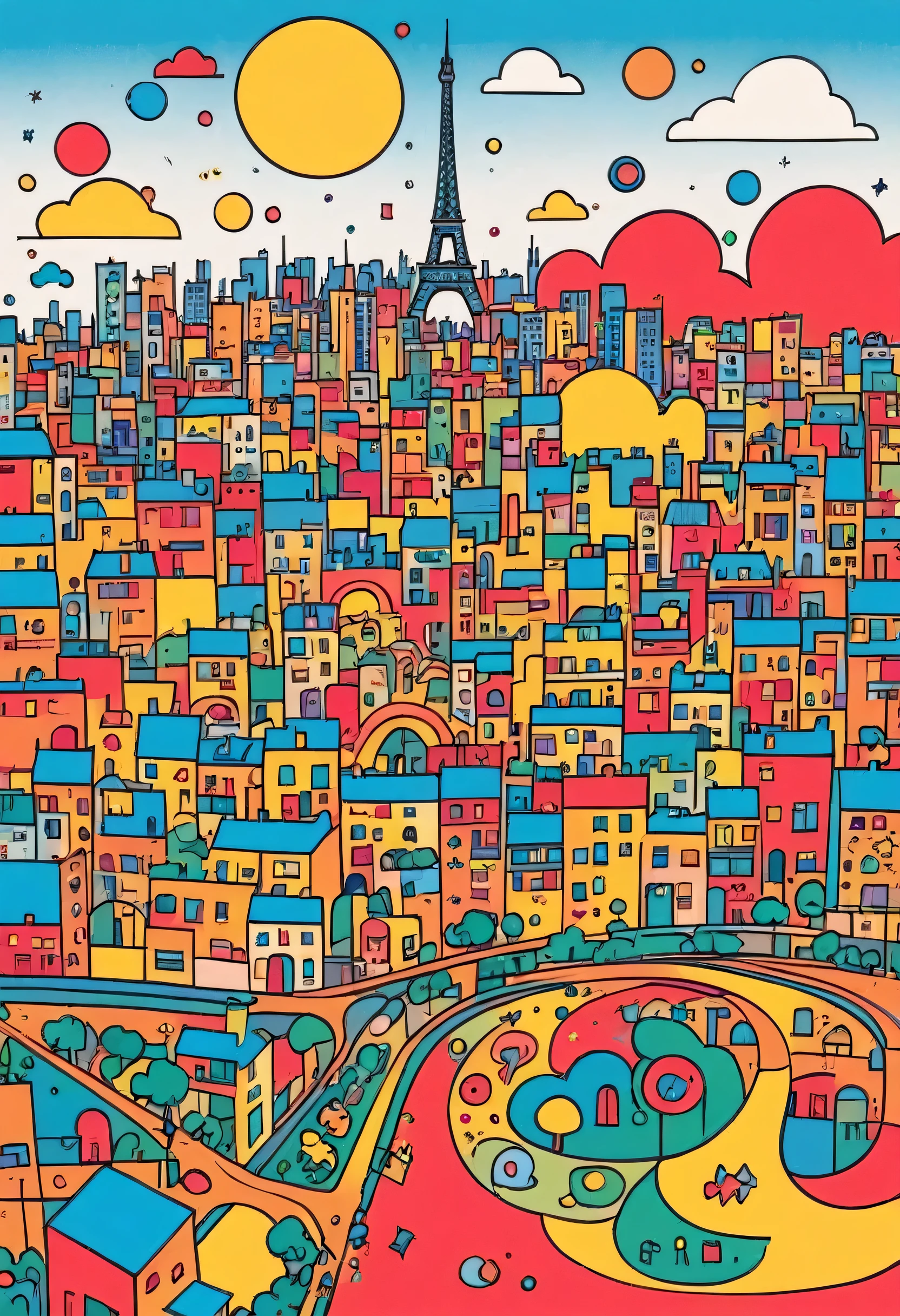 Keith Haring colorful style, Simple Line Initialism，Abstract art，(((Paris cityscape))), (((No people)))