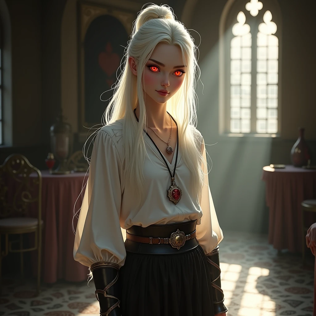 a beautiful girl, calm, vampire, bright red eyes, white long hair, pale skin, hairstyle bun at the back, white ancient shirt, black ancient pants with armor, flat body shapes, furnishings of an old castle, sun rays, dark atmosphere, An amulet around his neck, photorealism
