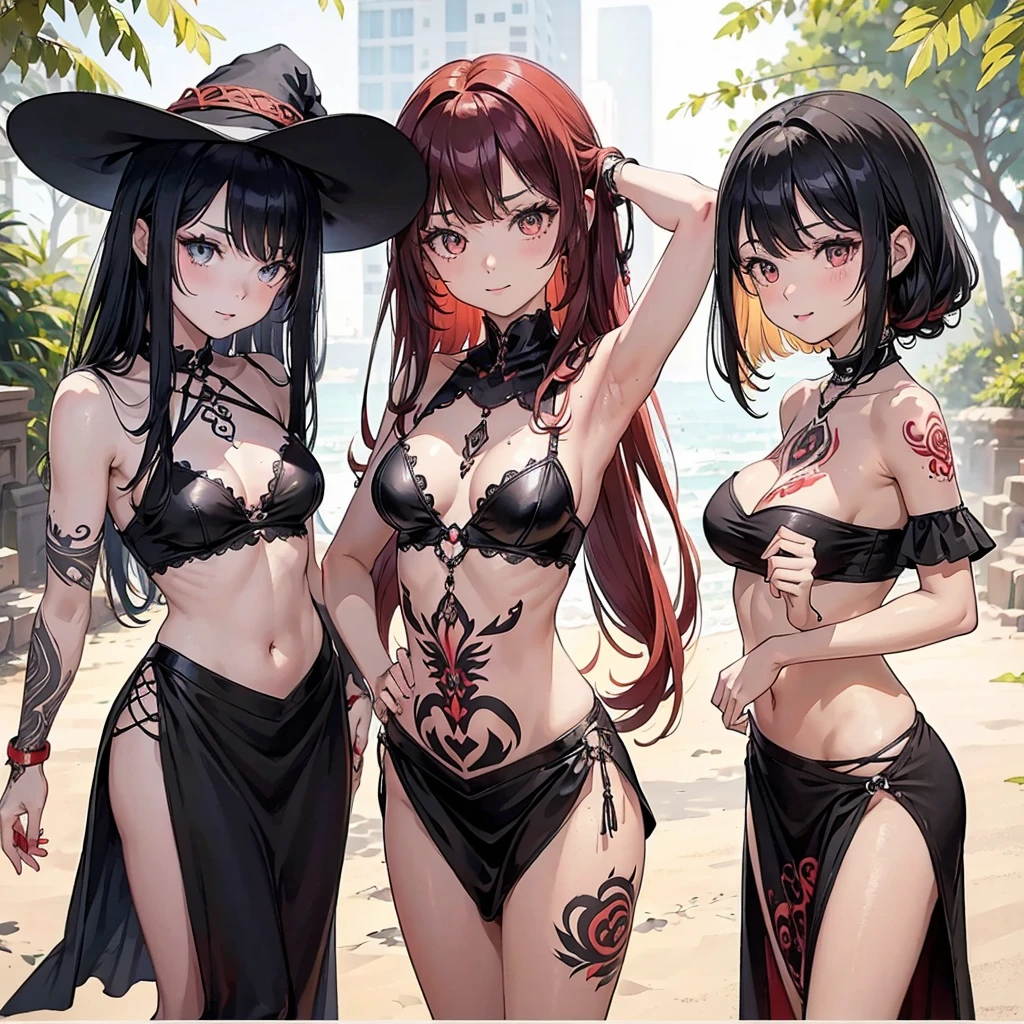 beautiful witch girls , black dress , blonde hair , red hair , tribal tatto , full body, sexy