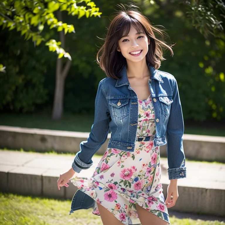 (((Only one girl、Japanese、Skinny athletic model、Flat Chest)))、50 years old、((( A light denim jacket、Styled with a bright floral print dress。The dress is knee-length、It combines ease of movement with femininity.。)))、The best smile、 just out of the bath、A scene where she is enjoying a picnic in the park。A dress fluttering in the wind、While creating a relaxed atmosphere、Add a casual touch with a denim jacket。