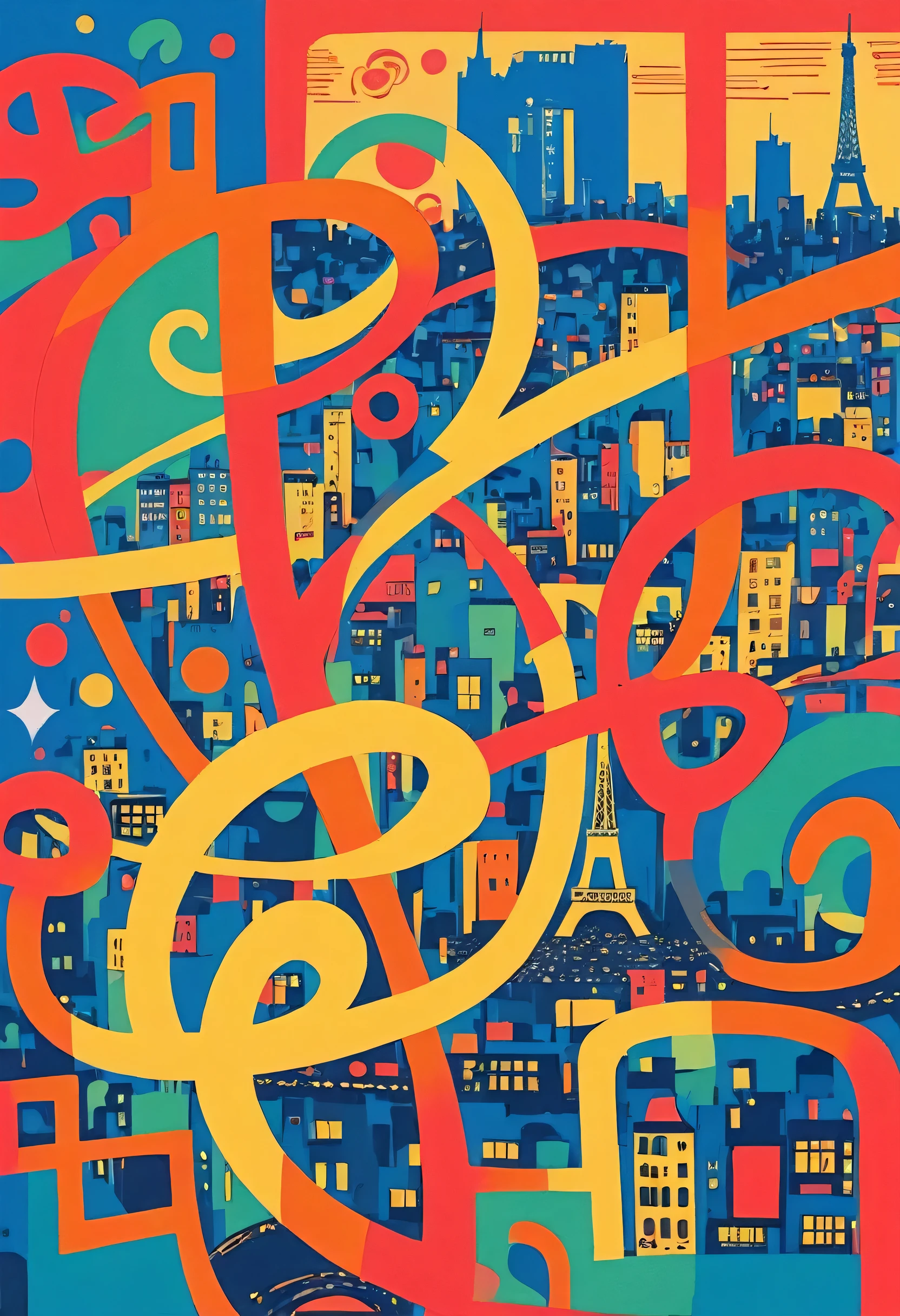 Keith Haring colorful style, Simple Line Initialism,Abstract art,(((Paris cityscape))), (((No people)))