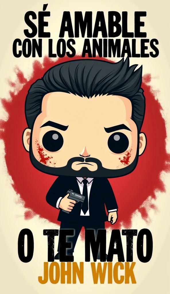 Stylized, cartoonish illustration featuring a character with a large head and , resembling a Funko Pop figure. The character has light skin, a beard, and slicked-back dark hair, with blood splatters on the face and head. The character is dressed in a black suit and holding a gun in the right hand. The background is a red, circular brushstroke pattern. At the top, there is bold, black text in Spanish that reads 'SE AMABLE CON LOS ANIMALES.' Below the character, there is more bold, black text that says 'O TE MATO,' with 'JOHN WICK' in smaller yellow text underneath. The overall style is bold and graphic, with a mix of serious and playful elements.