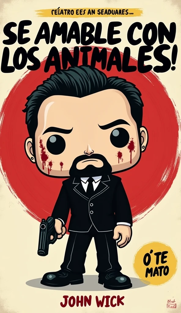 Stylized, cartoonish illustration featuring a character with a large head and , resembling a Funko Pop figure. The character has light skin, a beard, and slicked-back dark hair, with blood splatters on the face and head. The character is dressed in a black suit and holding a gun in the right hand. The background is a red, circular brushstroke pattern. At the top, there is bold, black text in Spanish that reads 'SE AMABLE CON LOS ANIMALES.' Below the character, there is more bold, black text that says 'O TE MATO,' with 'JOHN WICK' in smaller yellow text underneath. The overall style is bold and graphic, with a mix of serious and playful elements.