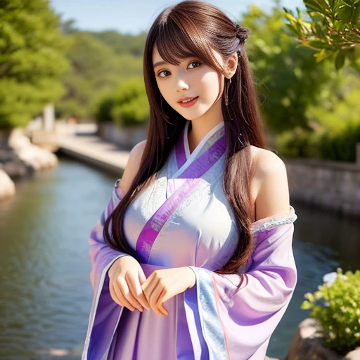 best quality, Delicate face，beautiful visual work, lifelike, eternity, black hair, Long curly hair, blunt bangs, Smile, Detailed Background, Delicate face，blush，cold，((masterpiece))、(top quality)、8k、high detail、Super detailed，21 years old female，Wearing Tang Dynasty Hanfu、waist skirt, Clothes are light and fluffy，Hanfu, wide sleeves, Transparent sleeves, Tunic, Clothes made of chiffon, Seductive and whimsical style、masterpiece、born、Scenes resembling fairy tale illustrations、Intricate details and complex designs、Beautifully、magic、capricious、 Beautifully、Dream aesthetics、「𝓡𝓸𝓶𝓪𝓷𝓽𝓲𝓬、ethereal、charming、fickle、magic」、Realism、Visual effects、FXAA、SSAO、Shaders、voiceless、ambient lighting、Tone mapping、High resolution、Ultra high quality、Million pixels、(8K resolution:1.10)、8k、Below 8K、8K resolution、high detail、intricate details， (high quality:1.2、masterpiece:1.2、:1.21)、(21 years old female:1.21)、(Smile excitedly)、(Surrounded by a dream-like atmosphere、Model diagram，full-body shot，Normal 2 feet，Put your hands behind you，The protrusion of the breast is visible when wearing clothes, Large Breasts, H cup chest, antiquity, Xian Xia, gauze clothes, Soft and fluttering, Fairy, dream, fantasy, light, elegant, nature, Immortal, romantic, classical, ribbon, light purple clothes, By the stream