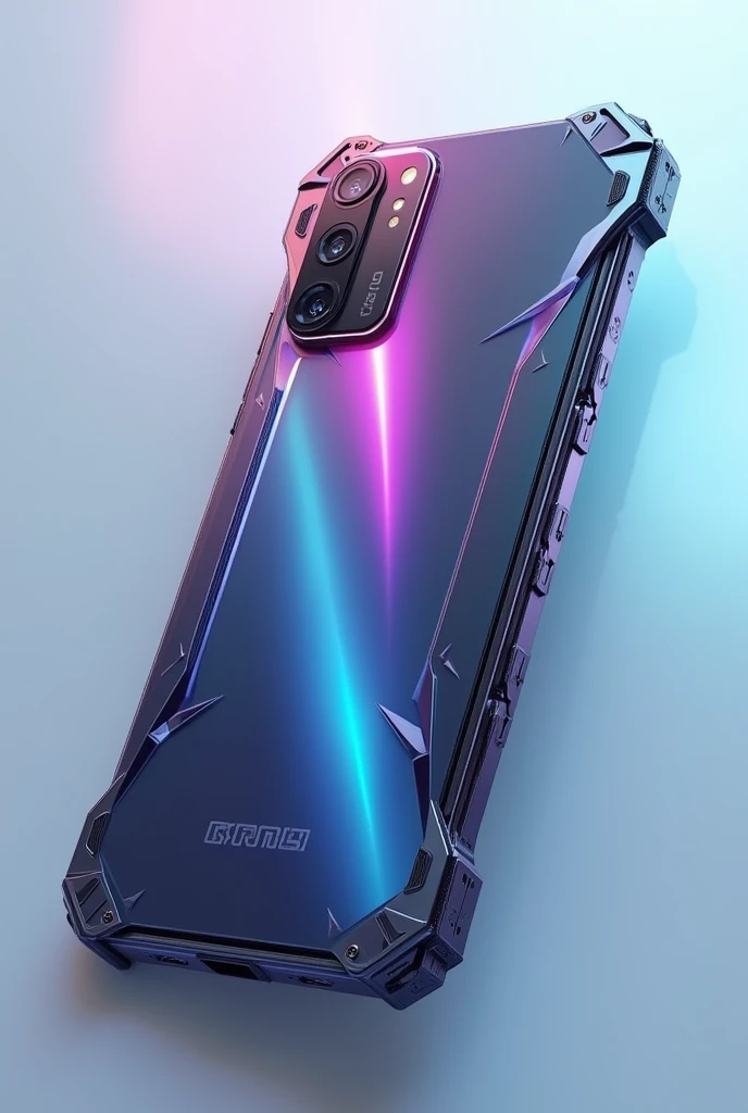 Create a metallic phone with a frosted glass finish, with customizable RGB lighting, retractable trigger buttons, an exclusive gamer interface, facing the front