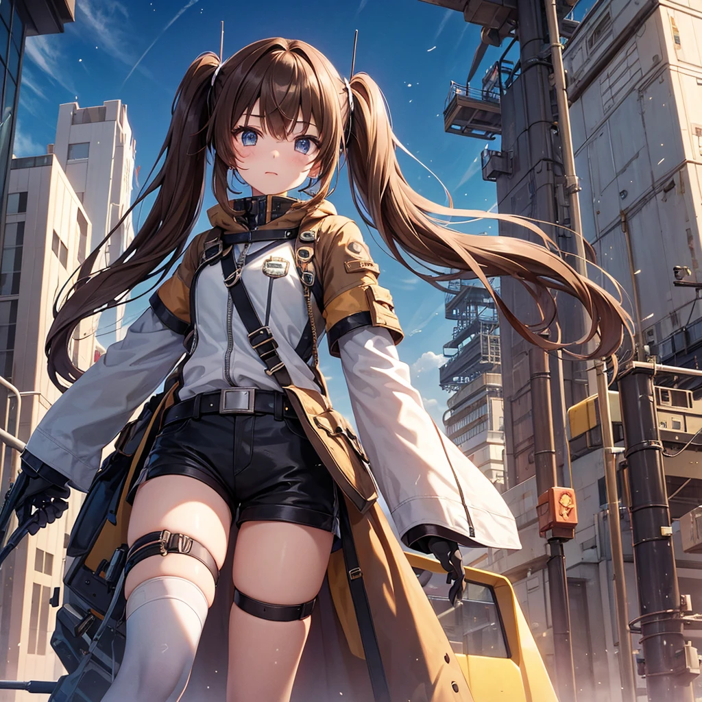 Girl（ Generation、Long Hair、Twin tails、Brown Hair、Shorts、Bandaid on cheek、Mechanical Arm）outside（cyber punk、factory、airship）