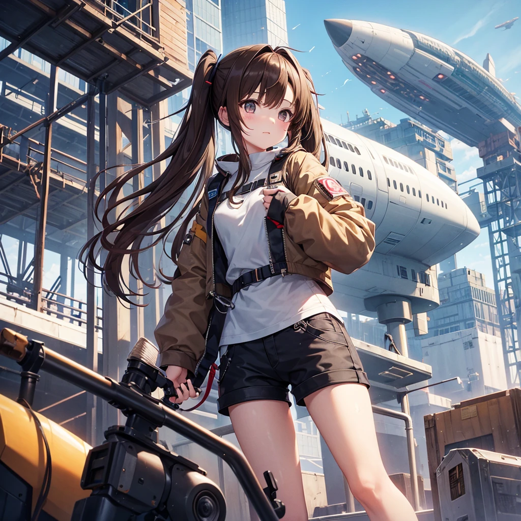 Girl(10th Generation、Long Hair、Twin tails、Brown Hair、Shorts、Bandaid on cheek、Mechanical Arm)outside(cyber punk、factory、airship)
