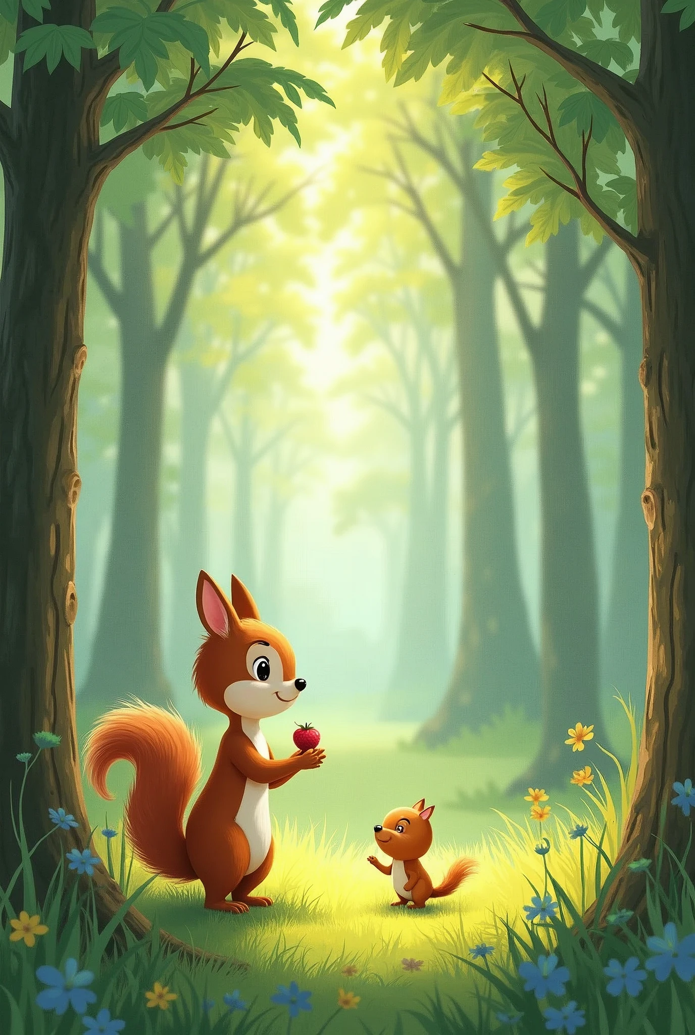 Please draw a picture book. Please draw 4 pages in one illustration with a gentle touch. Please draw illustrations for all pages and give them a title.:
「A small story of life」
Page 1:
In the big forest、There lived a little squirrel。The squirrel's name is Lili。every day、Running energetically through the forest。
Page 2:
Lili loves playing with her forest friends.。but、リリのmotherは、Always Lily「Be careful.」Says。
Page 3:
one day、Lili is in the deep forest、I found a wounded bird。The little bird is very weak、I couldn't even move my wings.。
Page 4:
Lily was surprised、I wanted to help the little bird.。「How can I help the bird??」Lili was in trouble。
Page 5:
Lili gently picked up the little bird.、motherのところへ急いで帰りました。「mother、The little bird is weak。What should I do?」
Page 6:
motherは静かにリリに言いました。「Life is very important。We care for each other、We have to help each other.。」
Page 7:
motherは小鳥のために、Make a bed out of soft grass、I was cared for with kindness.。リリもmotherと一緒に、I prayed for the little bird to get better.。
Page 8:
A few days later、The little bird slowly regained its strength、Now I can fly again。リリとmotherは大喜びです。
Page 9:
「I'm glad the little bird can fly again!」Lily said happily.。
Page 10:
motherはリリに微笑みかけて言いました。「No matter how small a life is、Everyone is important。We have to treasure that life。」
Page 11:
Lily nodded.。「I get it.、mother。I will continue to cherish my friends and the creatures of the forest.。」
Page 12:
Lili is a little bird「Goodbye」While saying、I vowed in my heart。Let's not forget the importance of life、To continue to have a kind heart。
The end of this story、The preciousness of life and the importance of helping each other、Our goal is to make it easy for young children to understand。
