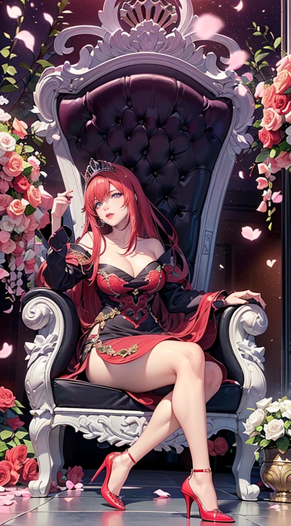 ((solo, 1woman, (TakashiroHiroko, dark purple eyes, red hair, long hair), lipstick, Extremely detailed, ambient soft lighting, 4k, perfect eyes, a perfect face, perfect lighting, a 1girl)), ((solo, (1woman, lipstick), Extremely detailed, ambient soft lighting, 4k, perfect eyes, a perfect face, perfect lighting, a 1girl)), , ((fitness,, shapely body, athletic body, toned body)), ((black dress, imperial throne, sitting on a throne, flowes, high heels, throne room, palace))