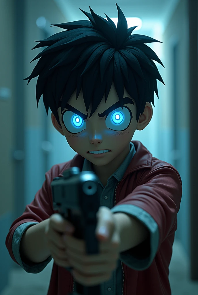 Brainwashed Nobita nobi with Intense Blue eyes holding a gun