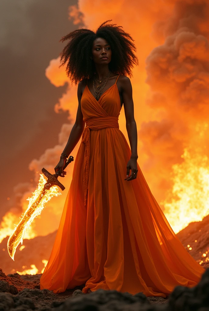 Black woman Orisha, warrioress, curly hair, in the middle of a volcano, orange dress, with a sword of fire in his hand