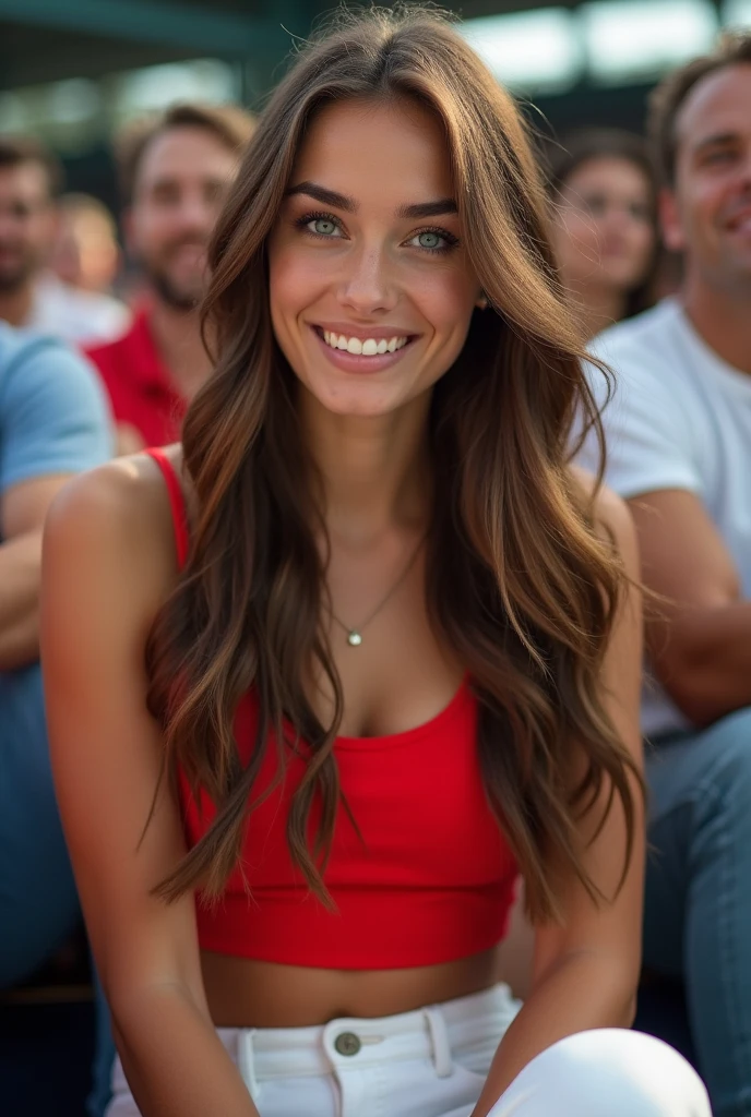 hyper realistic portrait of a young brunette, 23 years old, with long flowing brunette hair with highlights and striking blue eyes. She should have a natural, approachable expression and be lit by soft, golden light, canon eos r5, raw format, cheering at the olympics, sitting in crowd, red crop top, white pants