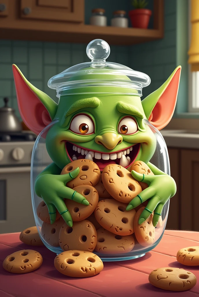 a goblin inside the cookie jar eating cookies make it cartoon and related to clash of clans