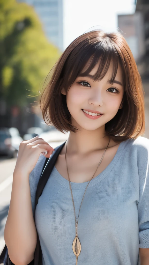 8k,Highest quality,(masterpiece:1.2),(Realistic),(Realistic:1.37),Ultra-high resolution,One Young Woman,In town,smile,Beautiful Eyes,(((Cute casual clothes))),Perfect body,Perfect Fingers,Professional Lighting,gravure,Detailed face and skin texture,fine grain,RAW Photos