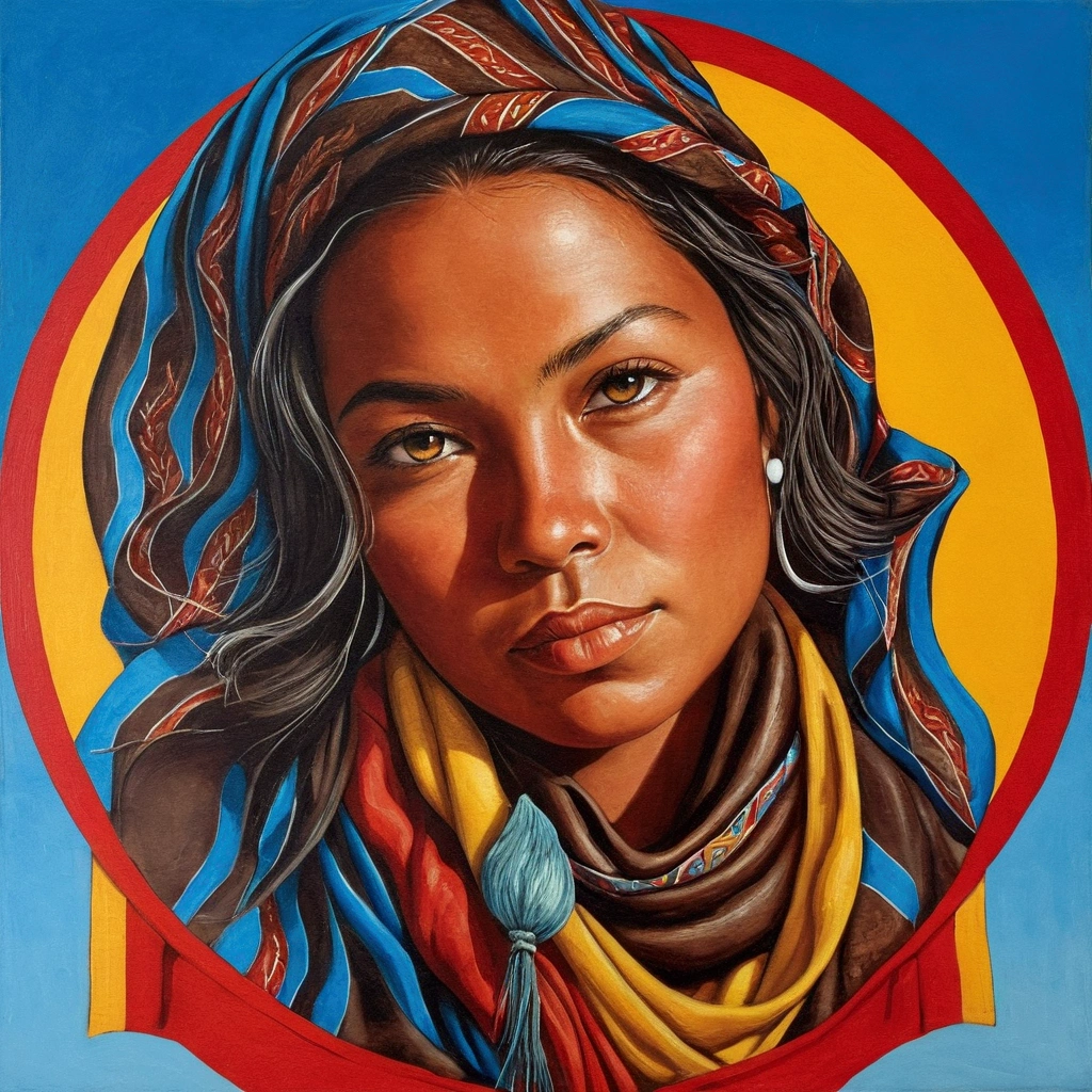 "Create an image that captures the essence of the North and Northeast of Brazil, focusing on Maria Bonita, the iconic figure of the cangaço. The scene must be set in the backlands, with arid landscapes, typical vegetation and an intense blue sky. Maria Bonita must be portrayed authentically, dressed in traditional cangaceira attire, with details such as a leather hat and a scarf around the neck. Keep the composition as faithful as possible to the original characteristics of the region and the historical figure., highlighting the culture and resistance of the northeastern people."