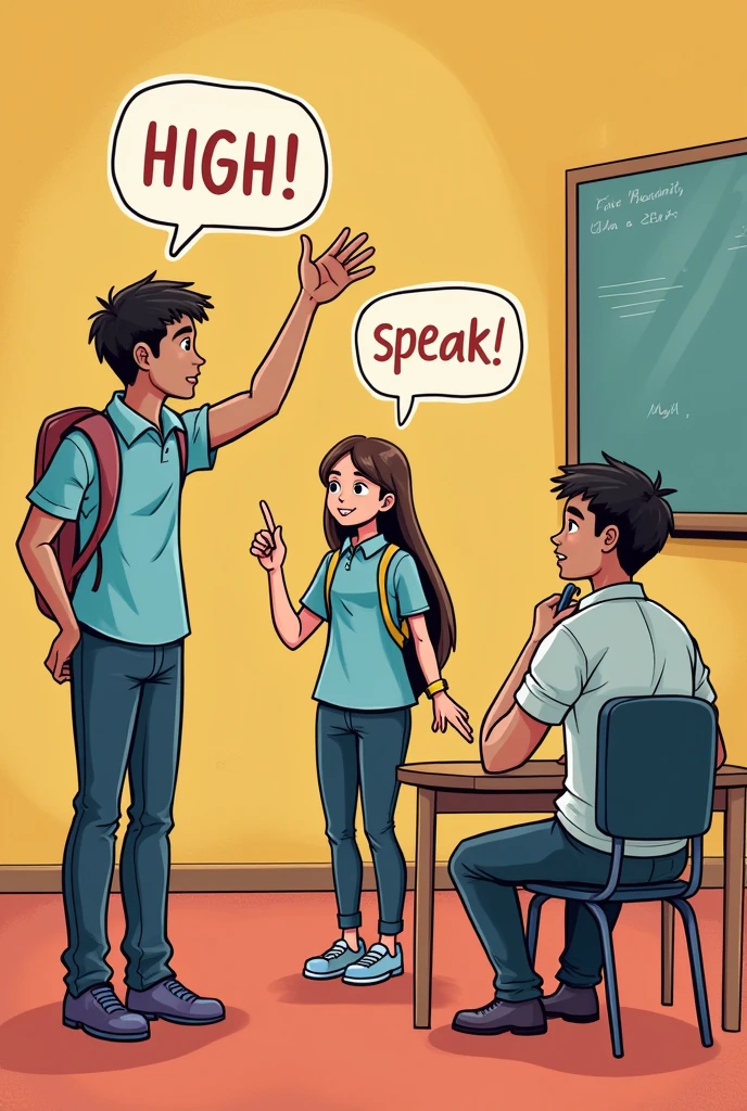 I need an educational image for a school exhibition about "Official day of struggle against sexual violence in classrooms" to recommend stopping this type of action in schools, que de un mensaje de high ante la violencia sexual en las aulas, with words like: high! speaks! Complaint!

