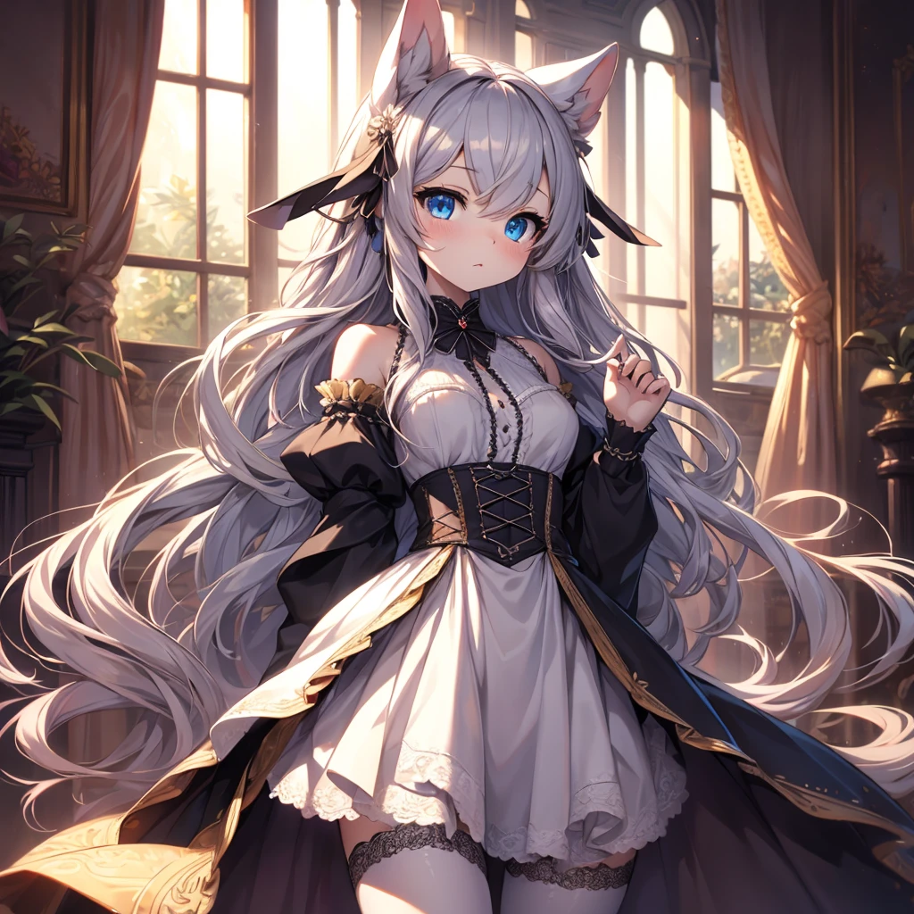 silver hair, dog ears, white dress,wavy hair,delicate features quiet gaze,beautiful half body illustration,beautiful backgraund,atmospheric lighting,sharp focus,vlumetric lighting,cute face,reduce saturation,fine detailed face,small nose and mouth,volumetric top lighting,bold line painting, soft shadow,((masterpiece, best quality)), (1girl), (solo), (female focus),small breasts,flat tits,Lolita,short height,skinny girl,blue eyes,open legs,animal ears,
