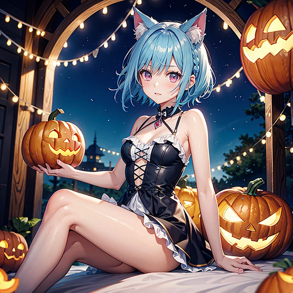 (Sky blue hair),(Braided short hair), (Pink Eyes),Fair skin) ,(whole body),(One Girl),(There are lots of pumpkin ghosts in the background),Cat ear,Cat's Tail,(Sailor suit),(Ahegao),(Fall into Darkness),If you don't give me sweets, I'll play a prank on you.),(Halloween Night Party),(masterpiece, Highest quality, Very detailed, Best Shadow), (Detailed Background), (Beautifully detailed face), High Contrast, (Best lighting, Very delicate and beautiful), ((Cinematic Light)), Hyper Detail,8k, Dramatic Light, Intricate details,night,(Bats flying in the background),High quality
