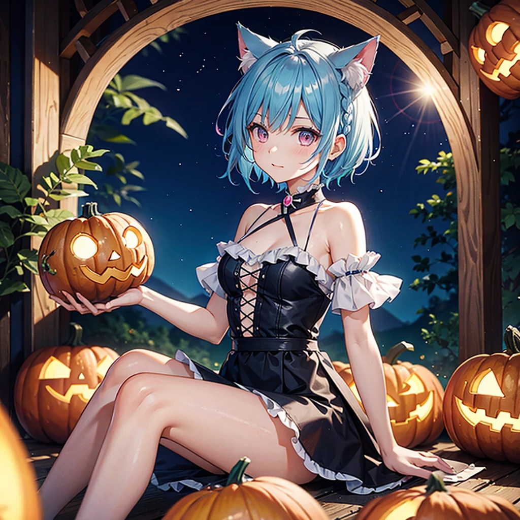 (Sky blue hair),(Braided short hair), (Pink Eyes),Fair skin) ,(whole body),(One Girl),(There are lots of pumpkin ghosts in the background),Cat ear,Cat&#39;s Tail,(Sailor suit),(Ahegao),(Fall into Darkness),If you don't give me sweets, I'll play a prank on you.),(Halloween Night Party),(masterpiece, Highest quality, Very detailed, Best Shadow), (Detailed Background), (Beautifully detailed face), High Contrast, (Best lighting, Very delicate and beautiful), ((Cinematic Light)), Hyper Detail,8k, Dramatic Light, Intricate details,night,(Bats flying in the background),High quality