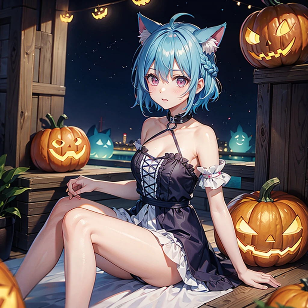 (Sky blue hair),(Braided short hair), (Pink Eyes),Fair skin) ,(whole body),(One Girl),(There are lots of pumpkin ghosts in the background),Cat ear,Cat&#39;s Tail,(Sailor suit),(Ahegao),(Fall into Darkness),If you don't give me sweets, I'll play a prank on you.),(Halloween Night Party),(masterpiece, Highest quality, Very detailed, Best Shadow), (Detailed Background), (Beautifully detailed face), High Contrast, (Best lighting, Very delicate and beautiful), ((Cinematic Light)), Hyper Detail,8k, Dramatic Light, Intricate details,night,(Bats flying in the background),High quality