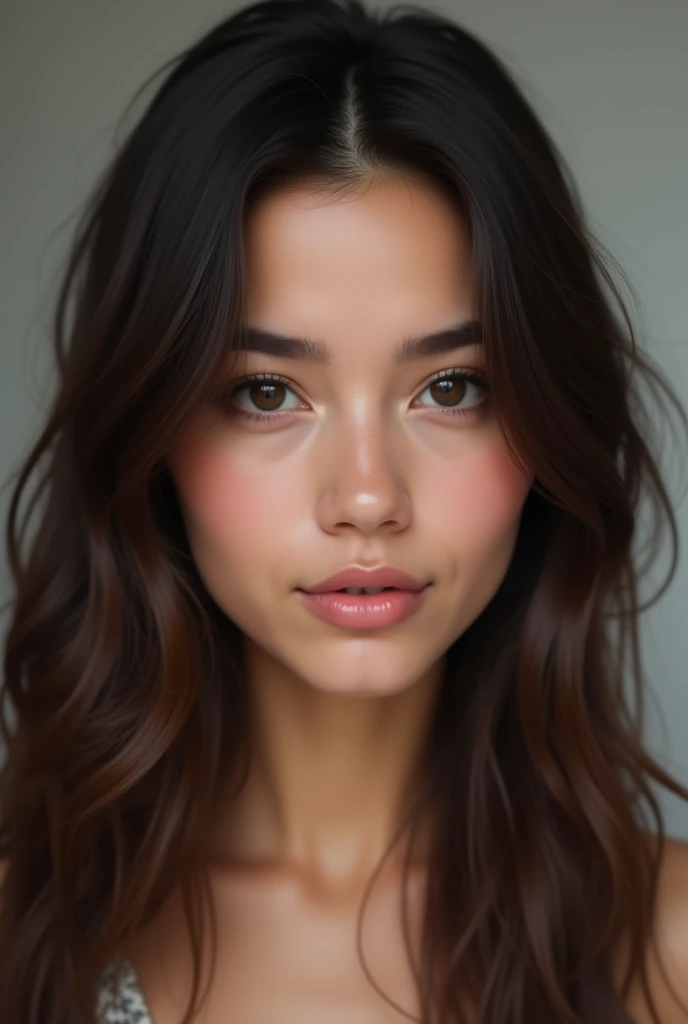Create according to reference: a 25 year old brunette woman with medium length straight dark brown hair, Round face, medium nose with small dark brown eyes, dark eyebrows with a slightly sparse tip, medium sized lips (ultra realistic photo realistic quality)