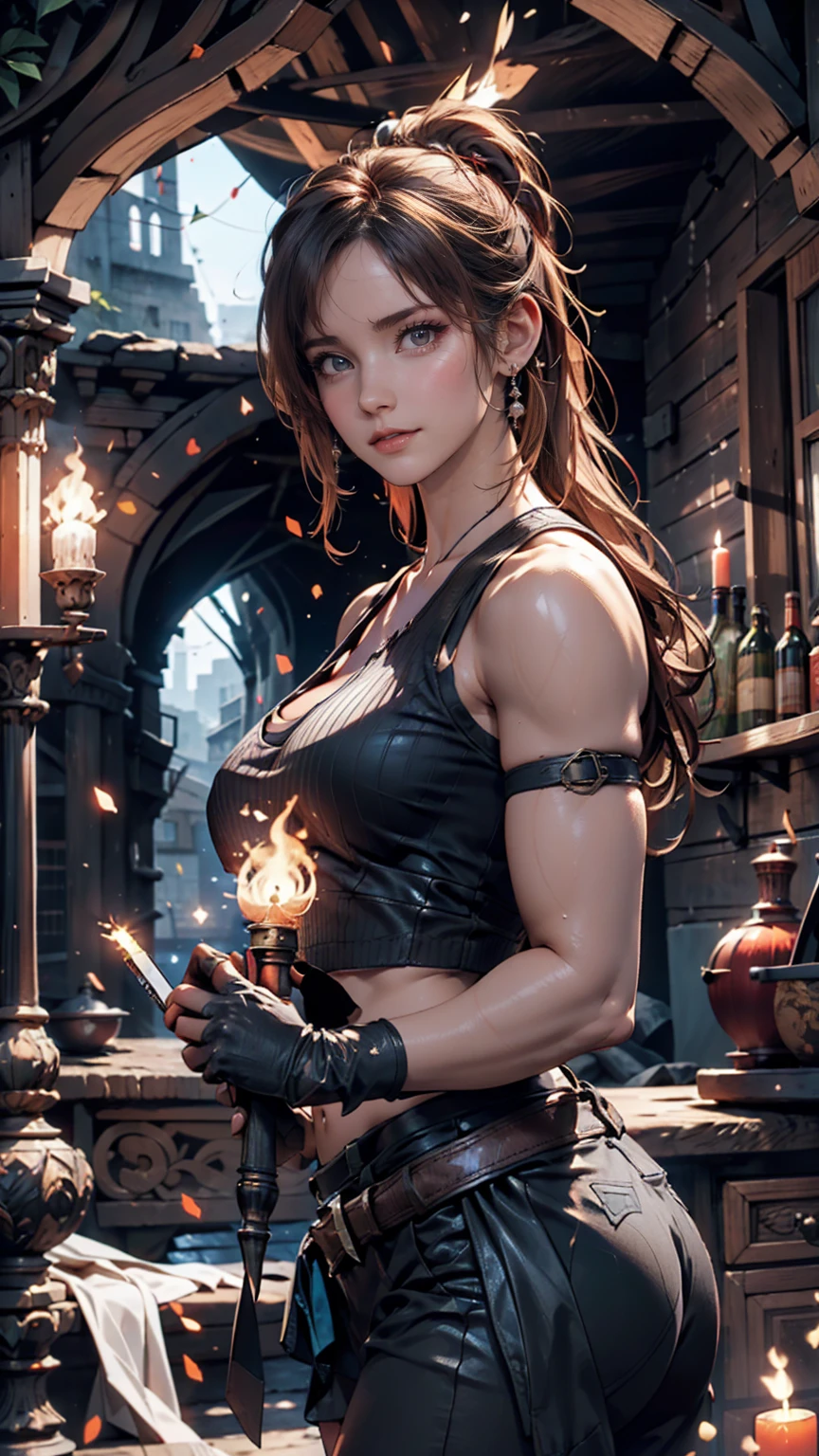 Tomb Radar、Lara Croft、ancient ruins、cave、dark、Hold up a lit torch to light the way ahead、pistol(Colt Government)Hold