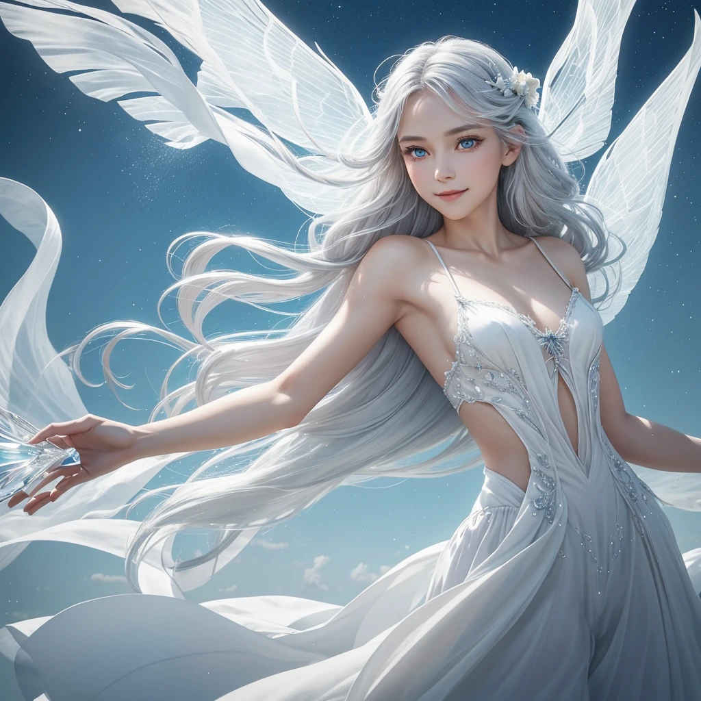 "A Sylphid Fairy, an agile and lively being who commands the power of the wind. She has flowing silver or white hair, light and airy, resembling the breeze itself. Her wings are delicate and transparent, with a subtle shimmer that reflects the light. Her eyes are large, clear, and bright, capturing the essence of a clear sky, while her nose is small and finely sculpted, complementing her delicate facial features. She appears to be in her early teens, though her true age is timeless. She wears minimalistic attire that hints at the freedom of the wind, allowing her to move swiftly and gracefully. Her smile is playful and mischievous, with lively, sparkling eyes that convey her spirited nature. Sylphid Fairies are born from the energy of wind spirits, emerging in high places or within storms, embodying the boundless freedom and speed of the wind."