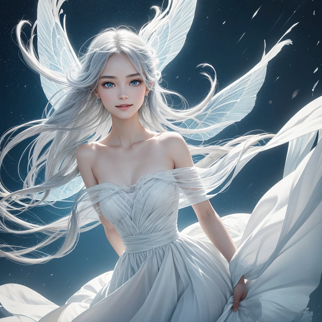 "A Sylphid Fairy, an agile and lively being who commands the power of the wind. She has flowing silver or white hair, light and airy, resembling the breeze itself. Her wings are delicate and transparent, with a subtle shimmer that reflects the light. Her eyes are large, clear, and bright, capturing the essence of a clear sky, while her nose is small and finely sculpted, complementing her delicate facial features. She appears to be in her early s, though her true age is timeless. She wears minimalistic attire that hints at the freedom of the wind, allowing her to move swiftly and gracefully. Her smile is playful and mischievous, with lively, sparkling eyes that convey her spirited nature. Sylphid Fairies are born from the energy of wind spirits, emerging in high places or within storms, embodying the boundless freedom and speed of the wind."