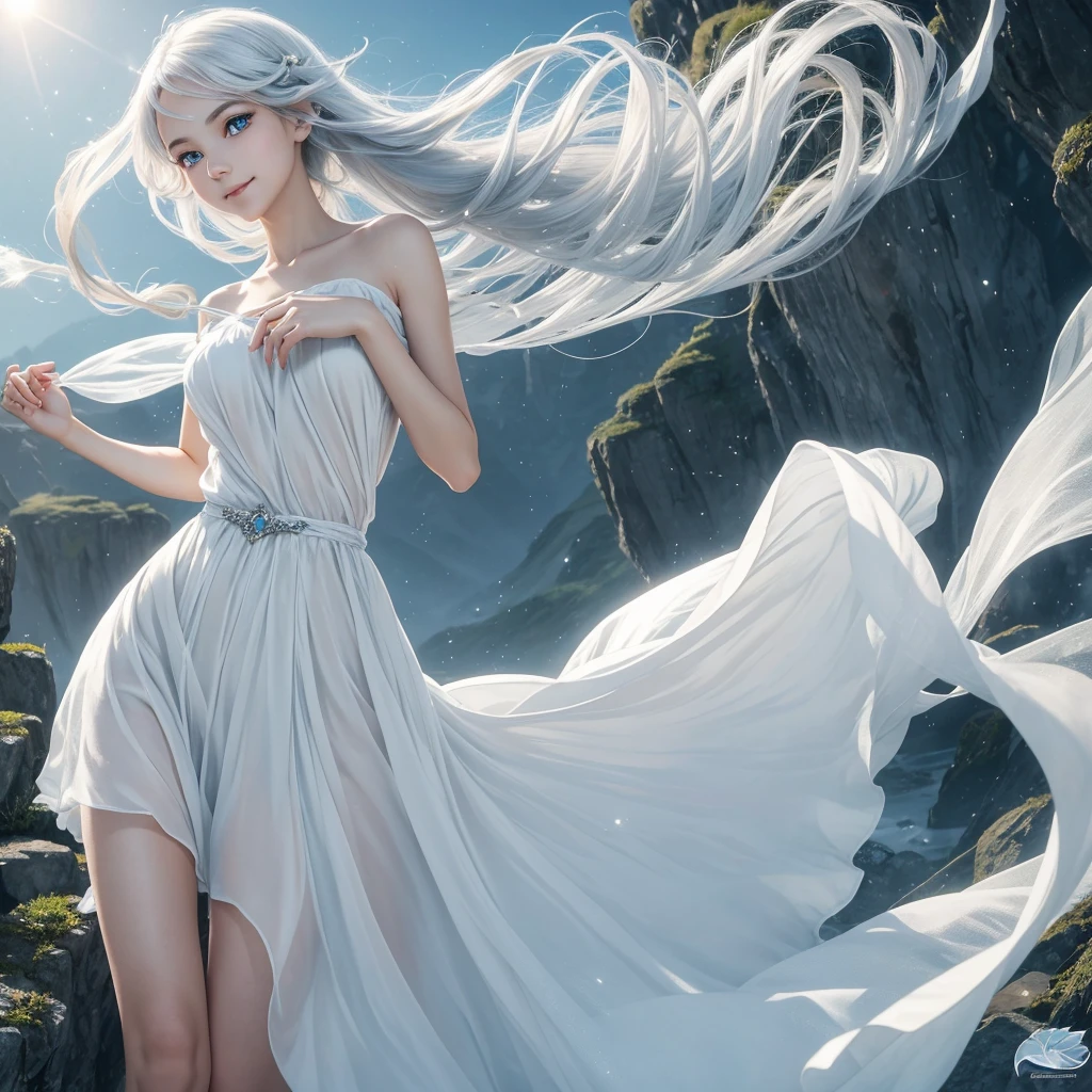 "A Sylphid Fairy, an agile and lively being who commands the power of the wind. She has flowing silver or white hair, light and airy, resembling the breeze itself. Her wings are delicate and transparent, with a subtle shimmer that reflects the light. Her eyes are large, clear, and bright, capturing the essence of a clear sky, while her nose is small and finely sculpted, complementing her delicate facial features. She appears to be in her early teens, though her true age is timeless. She wears minimalistic attire that hints at the freedom of the wind, allowing her to move swiftly and gracefully. Her smile is playful and mischievous, with lively, sparkling eyes that convey her spirited nature. Sylphid Fairies are born from the energy of wind spirits, emerging in high places or within storms, embodying the boundless freedom and speed of the wind."