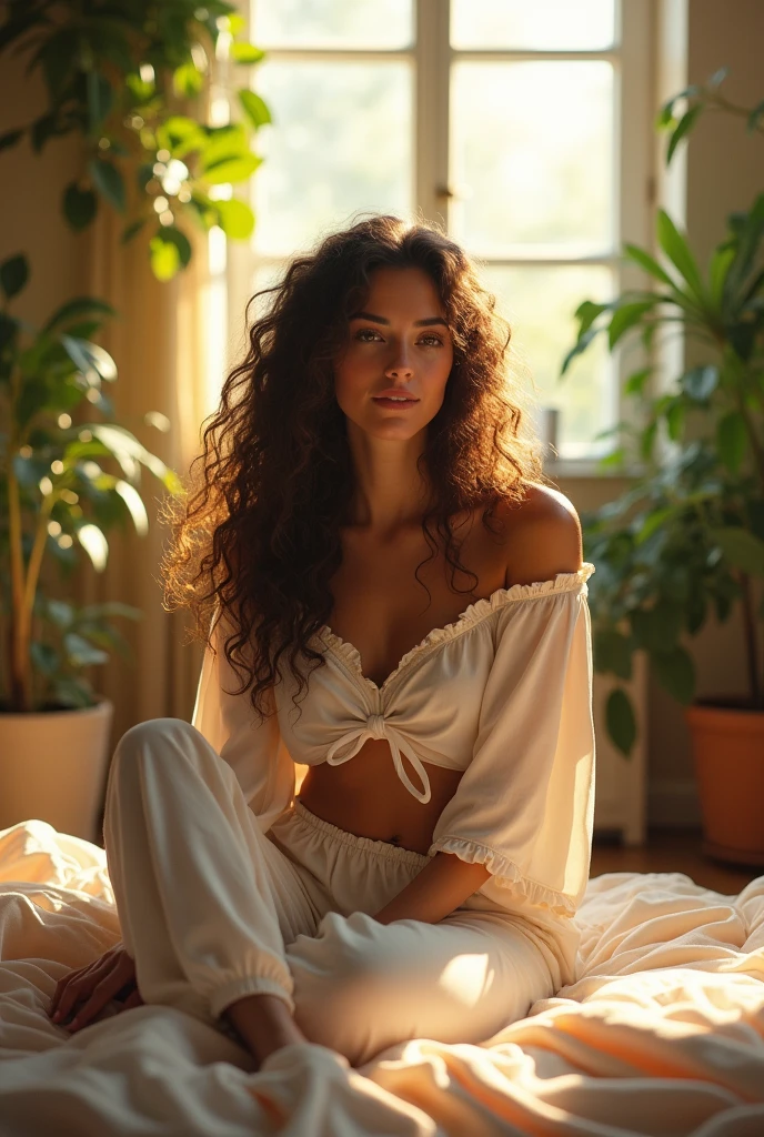 (photorealism:1.2), beautiful woman, sitting on bed, wearing loose off-shoulder top, pajama pants, long curly hair, indoors, soft lighting, plants in background, window with sunlight, cozy room, relaxed pose, realistic, intricate details, warm colors, by Greg Rutkowski, by Alphonse Mucha