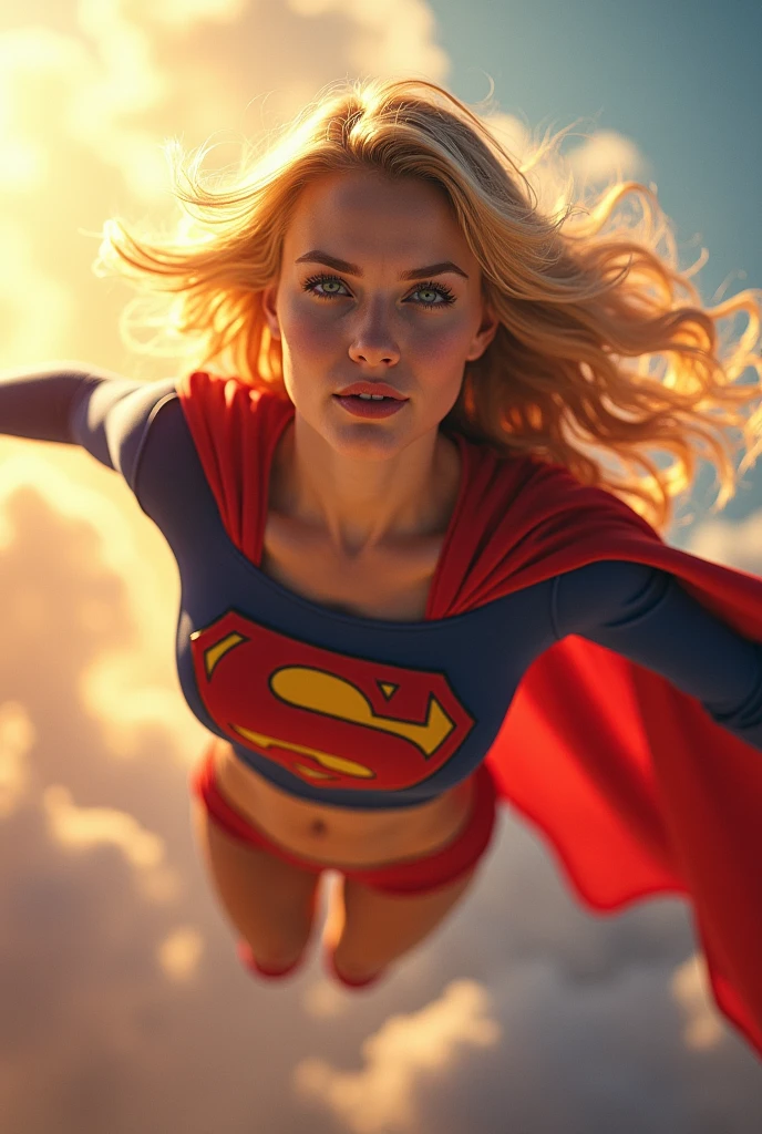 (best quality, highres, vivid colors:1.2), ultra-detailed, supergirl, skimpy costume, midriff showing, sexy, detailed facial features, beautiful detailed eyes, beautiful detailed lips, long eyelashes, confident expression, bright colors, vibrant background, flying in the sky, dynamic pose, strong physique, flowing blonde hair, powerful stance, intense sunlight, dramatic shadows, comic book style