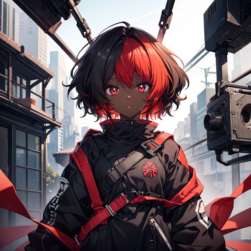 A black skinned girl with black eyes with red pupils,black and red hair
