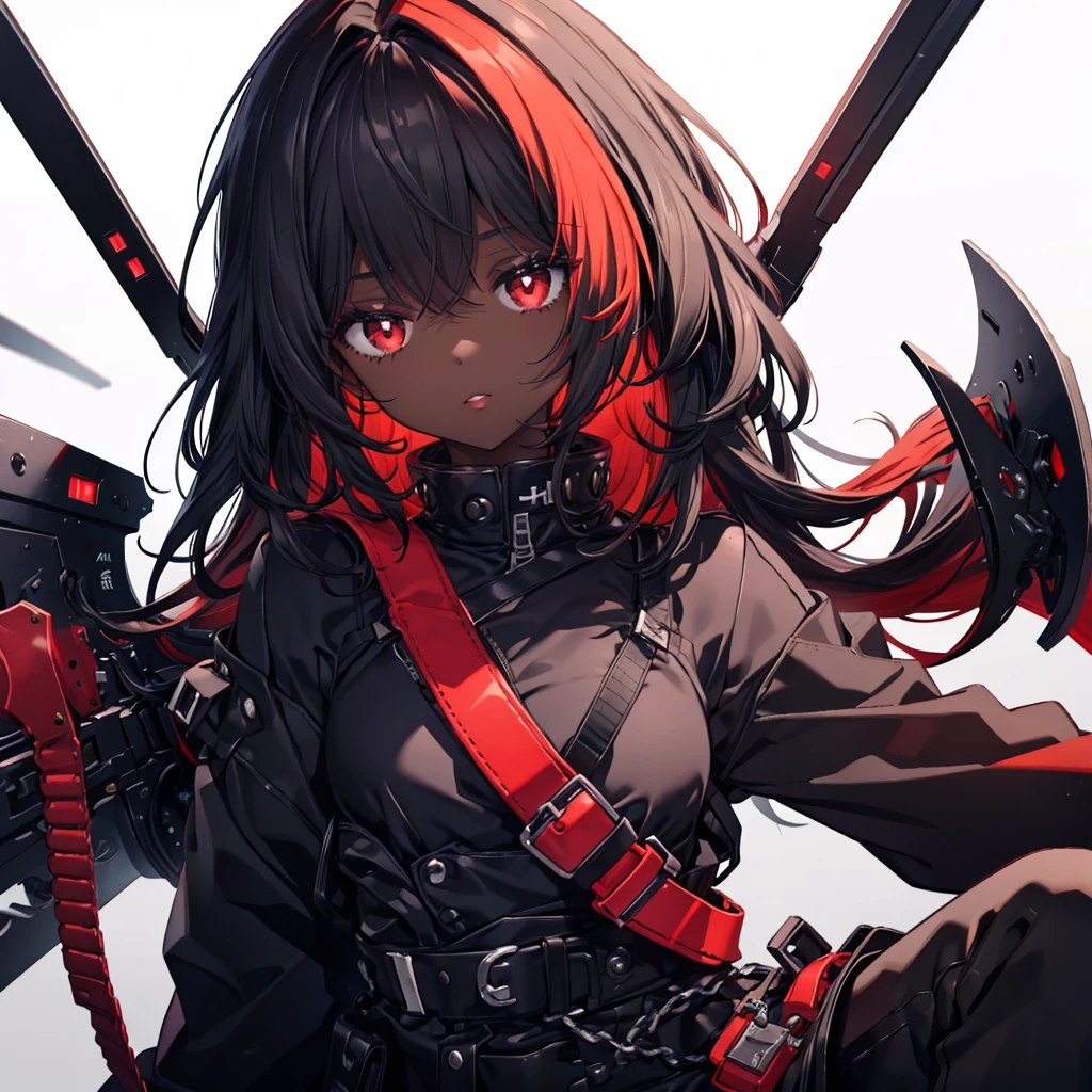 A black skinned girl with black eyes with red pupils,black and red hair