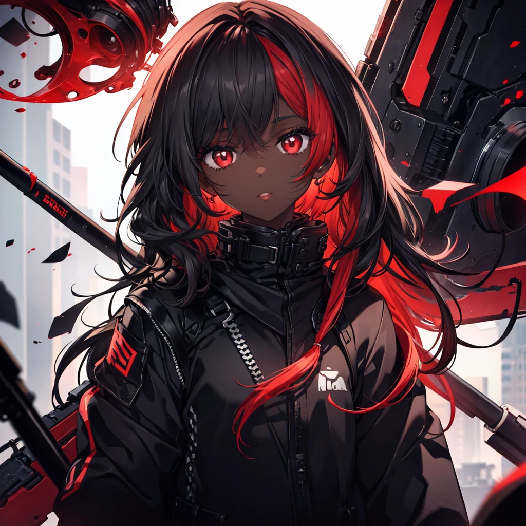 A black skinned girl with black eyes with red pupils,black and red hair