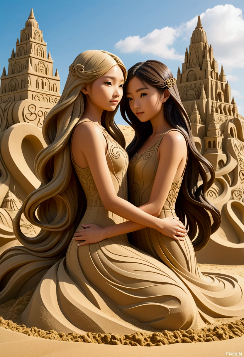 A stunning 3D rendering of a massive sand sculpture, OF TWO WOMEN IN LOVE, meticulously crafted to represent Freen, a beautiful young Asian girl with long hair, and Becky, a beautiful young British girl with semi-long hair. The sand sculpture is adorned with the elegant, flowing text "FREENBECKY" seamlessly integrated into the scene.