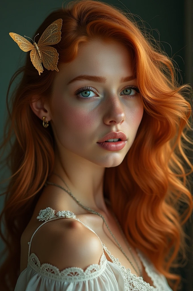 (solo, full body photo:1.3), (action packed:1.3), (haze, fog, mist:1.3), chiaroscuro, best quality, photorealistic, 1woman, (cute), (24yo:1.2), redhead, long ginger hair highly detailed, 1700'S, digital photography, art by artgerm and ruan jia and greg rutkowski surreal painting gold butterfly filigree, broken glass, (masterpiece, sidelighting, finely detailed Fashionable eyes: 1.2) (perfect oval large eyes that gazes at the viewer), beautiful detailed face, blue gorgeous perfect eyes, (blonde hair ponytail), (attractive young woman:1.3), (thick amazing hair), (seductive:1.1), (blushing:1.1)