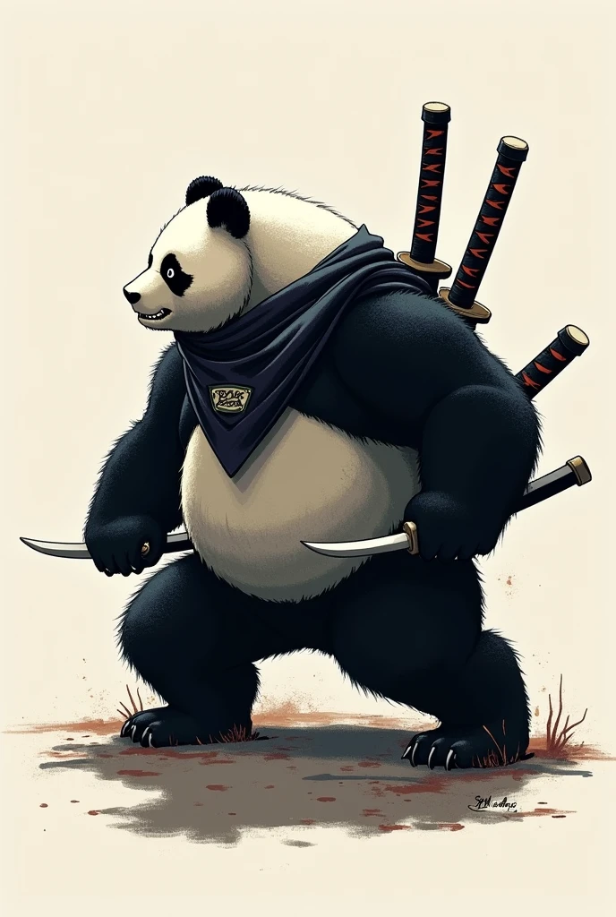 Panda face shadow with katanas on the back, in 2d with bandana, Logo