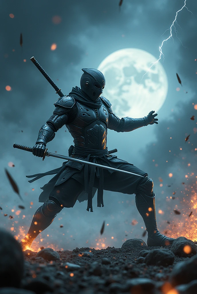 metal suited, ninja warrior, iconic fight stance, jumping dodging, punching as galactic explosion, katana sword, arrows rain, body shot by arrows, dark moon, lightning and thunder, fog misty, highly detailed, 8k, photo realistic, masterpiece