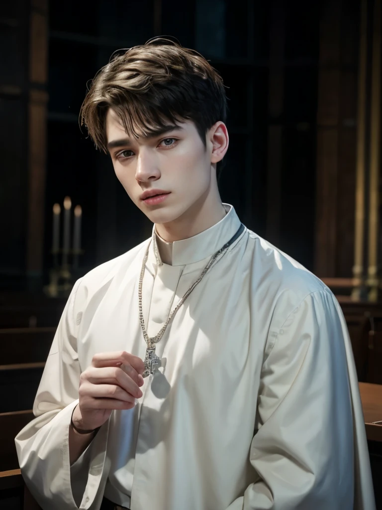 A young priest, A masculine man with a somewhat marked jaw stands with a rosary in his hands