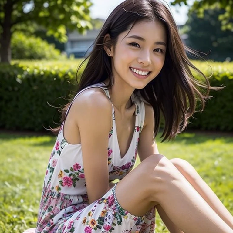 (((Only one girl、Japanese、Skinny athletic model、Flat Chest)))、50 years old、((( Styled with a bright floral print dress。The dress is knee-length、It combines ease of movement with femininity.。)))、The best smile、 just out of the bath、A scene where she is enjoying a picnic in the park。A dress fluttering in the wind、Create a relaxed atmosphere。