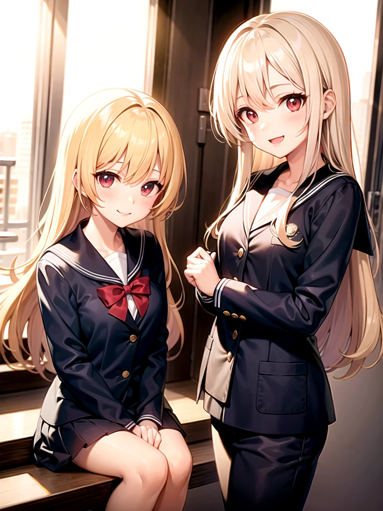 Blonde long hair high school girl、Red eyes、Sailor suit、blazer、School stairs、Getting off、smile、whole body