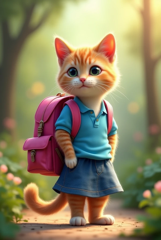 cat carrying pink backpack while standing
wearing a blue shirt with blue skirts