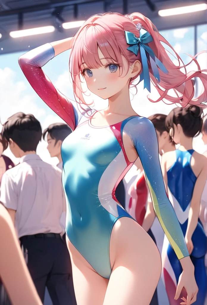 expensivequality illustration, masterpiece, Very delicate and beautiful, Attractive girl,(Gymnastics leotard,Tight leotard,length_Leotard with sleeves,expensive_Leg leotard,athletic leotard), Audience reaction,thin,Slender body,slim,expensive school,Gym,Gymnastics Club,Beautiful Eyes,(masterpiece, Highest quality:1.2), expensiveres, Very detailed CG Unity 8k wallpaper, Perfect lighting, colorful, ultra-expensive res,4K,Very detailed, photograph, 8k, High resolution, 17 years old,Cowboy Shot,